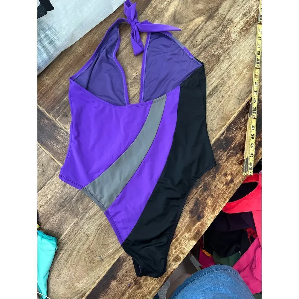 ICON Swim Purple High-Cut Cheeky Plunge Halter One-Piece Swimsuit Size XXL